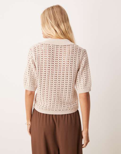 Brave Soul - T-shirt en maille pointelle avec col - Taupe, 4 de 4