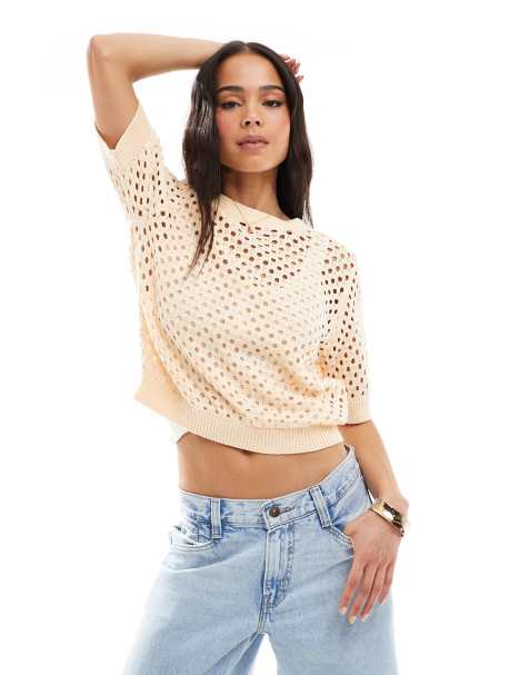 Brave Soul - T-shirt girocollo in maglia all'uncinetto color pietra - view 1