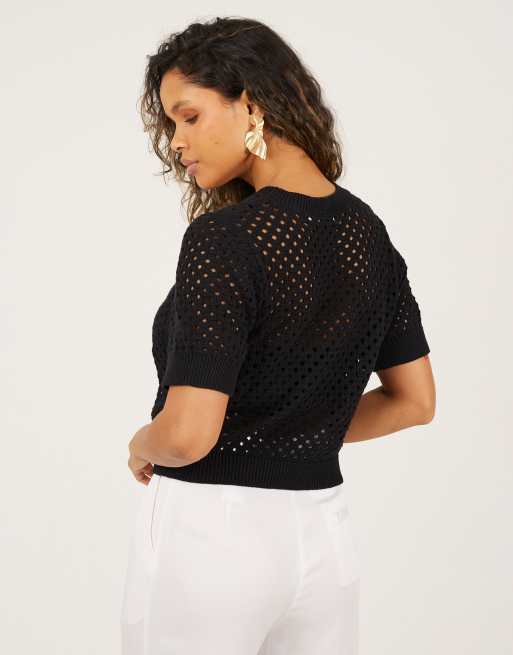 Brave Soul - T-shirt girocollo in maglia traforata nera, 4 di 4