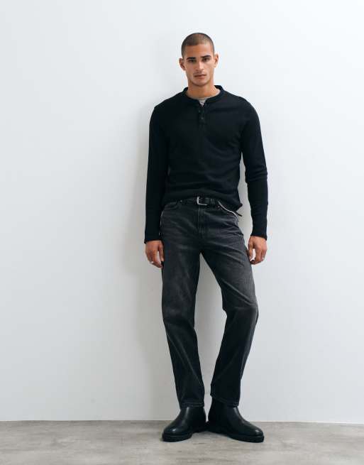 Brave Soul t-shirt Henley a maniche lunghe in maglia waffle nera, 2 di 5