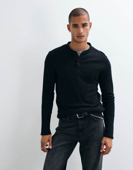 Brave Soul t-shirt Henley a maniche lunghe in maglia waffle nera, 4 di 5