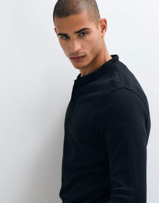 Brave Soul t-shirt Henley a maniche lunghe in maglia waffle nera, 5 di 5