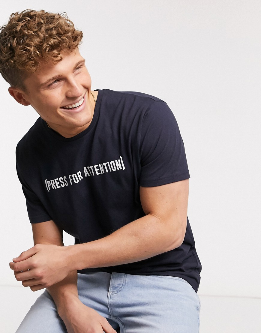 Brave Soul - T-shirt met 'attention'-slogan-Marineblauw