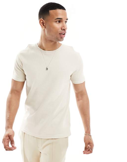 Brave Soul - T-shirt met gebreide wafelstructuur in licht stone