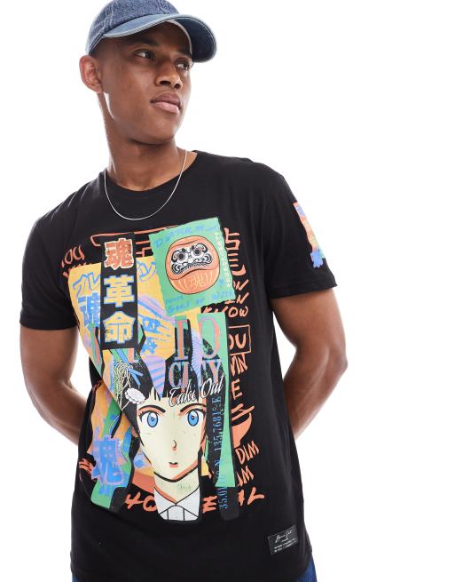 Brave Soul - T-shirt met korte mouwen, geribbelde bies en grafische print in zwart