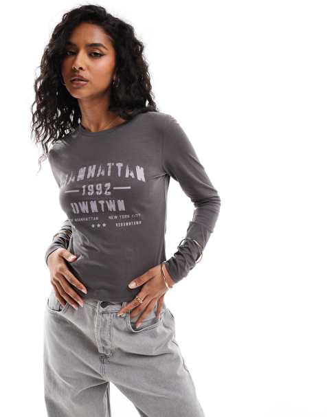Brave Soul - T-shirt met lange mouwen en print in antracietgrijs - view 1