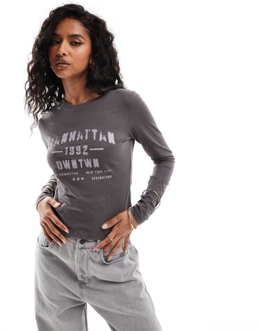 Brave Soul - T-shirt met lange mouwen en print in antracietgrijs