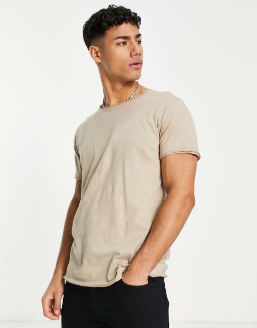 Brave Soul - T-shirt met onafgewerkte zoom in kiezelkleur