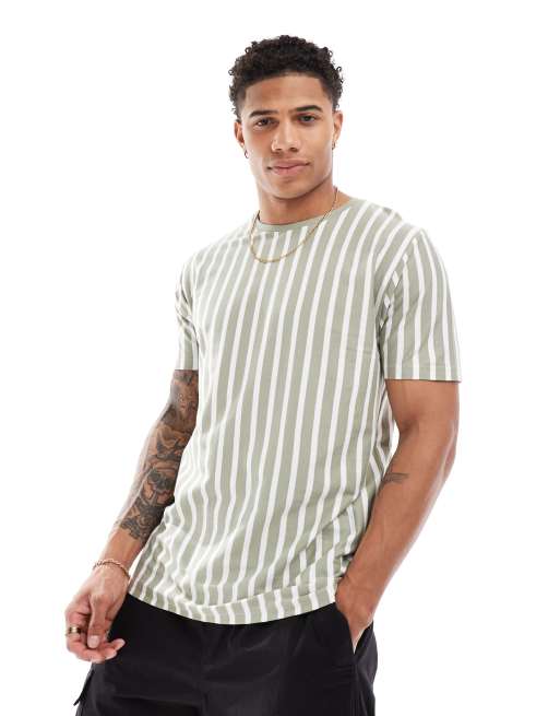 Brave Soul - T-shirt met verticale strepen in saliegroen met wassing en wit