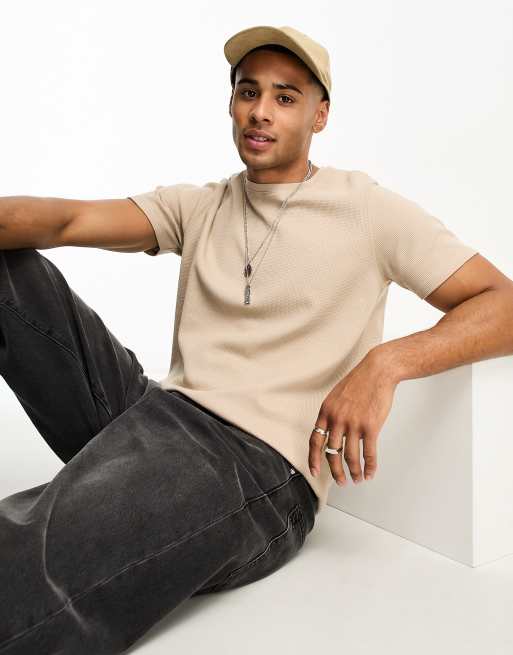 Brave Soul - T-shirt met wafelstructuur in stone
