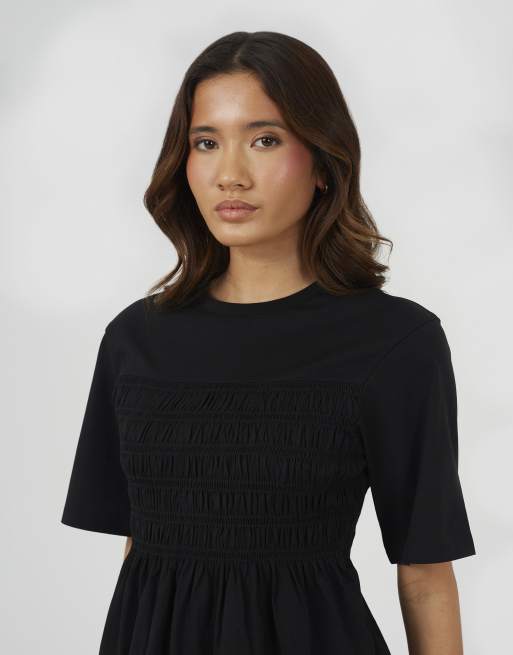 Brave Soul - T-shirt nera con corpino arricciato e maniche 3/4, 3 di 4