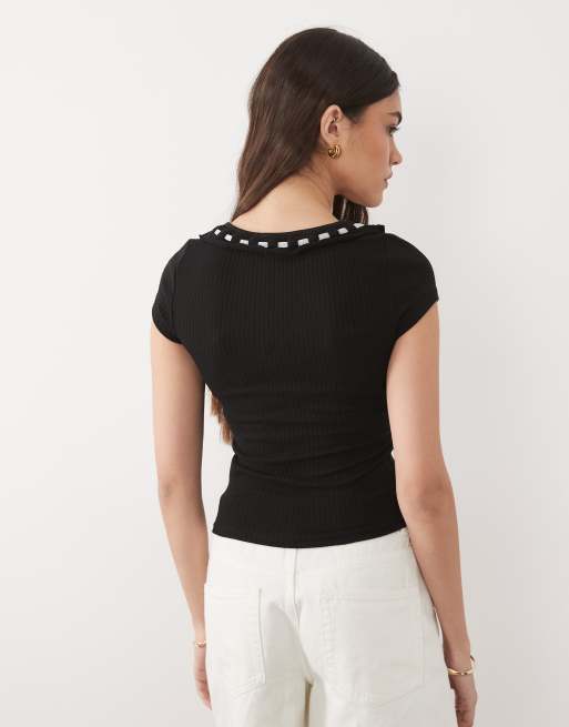 Brave Soul - T-shirt nera in jersey a coste con scollo rotondo e fiocco, 2 di 4