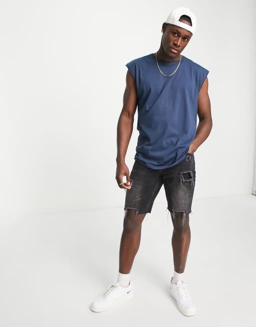 Brave Soul - T-shirt senza maniche con bordi grezzi blu navy oceano, 4 di 4