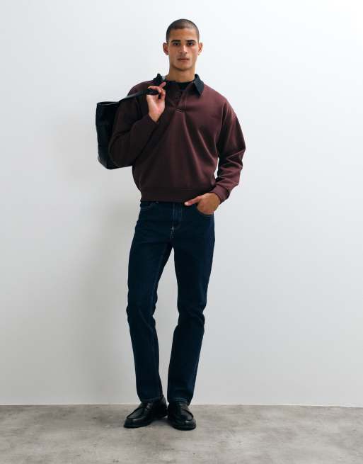 Brave Soul t-shirt serafino a maniche lunghe in bordeaux e blu navy, 2 di 5
