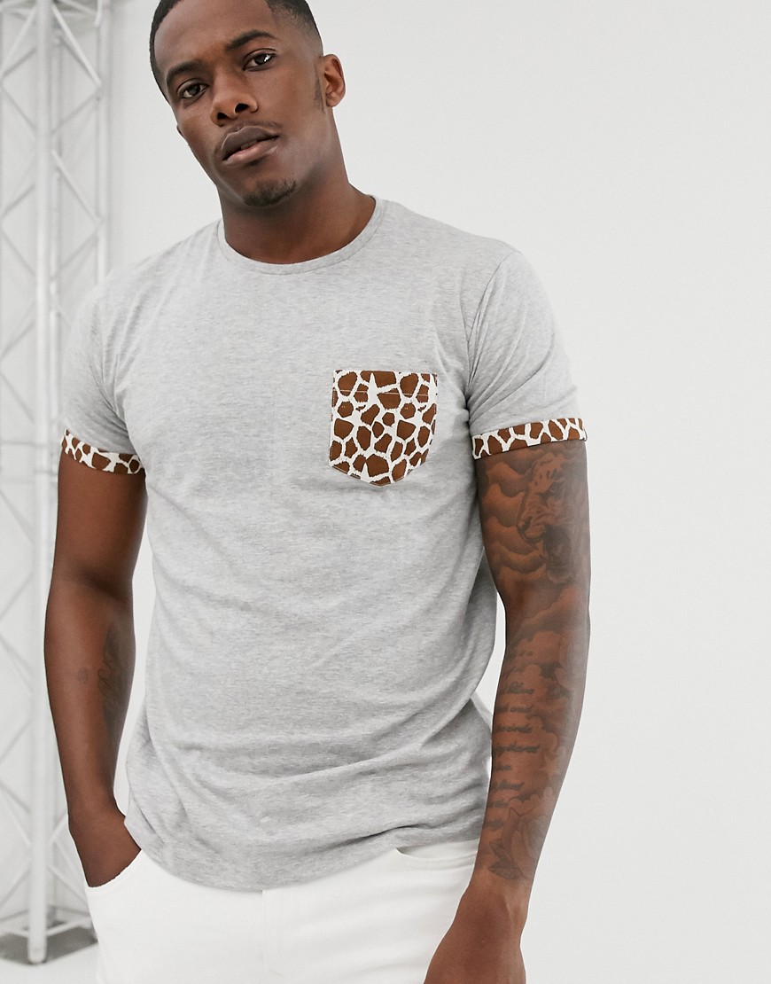 Brave Soul t-shirt with giraffe animal print-Grey