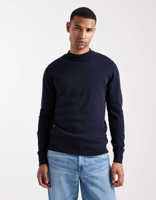 Brave Soul – Taillierter Pullover in Marineblau mit Stehkragen