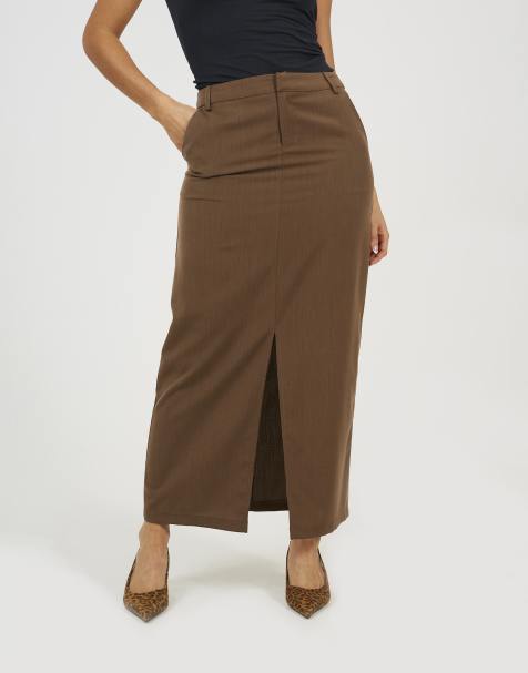 Brave Soul Tailored midi skirt with slit detail in brown - view 1