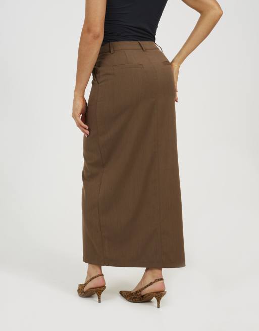 Brave Soul Tailored midi skirt with slit detail in brown, 2 of 4