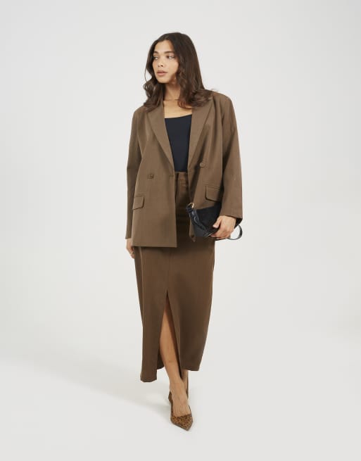Brave Soul Tailored midi skirt with slit detail in brown, 3 of 4