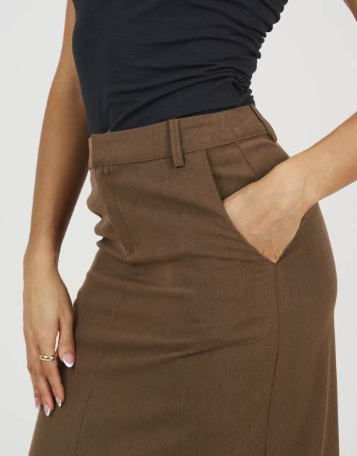 Brave Soul Tailored midi skirt with slit detail in brown, 4 of 4