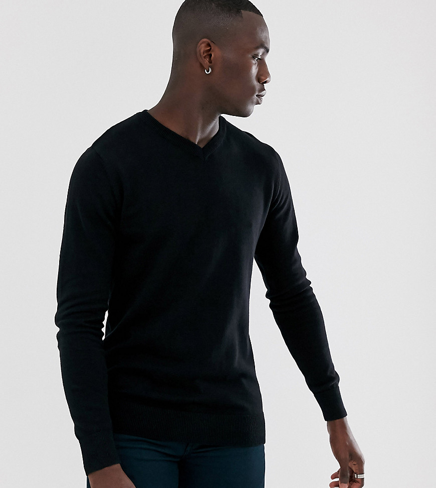 Brave Soul Tall 100% cotton V Neck knitted jumper-Black