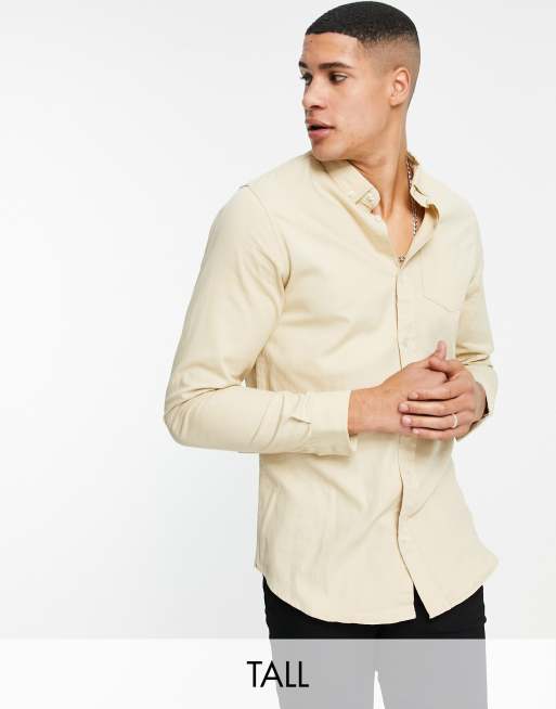 Brave Soul Tall - Camicia a maniche lunghe in twill di cotone beige