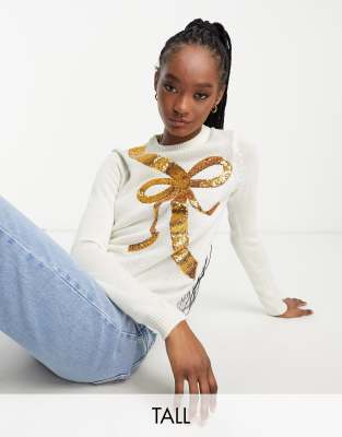 Brave Soul Tall christmas jumper with gold sequin bow in cream-White