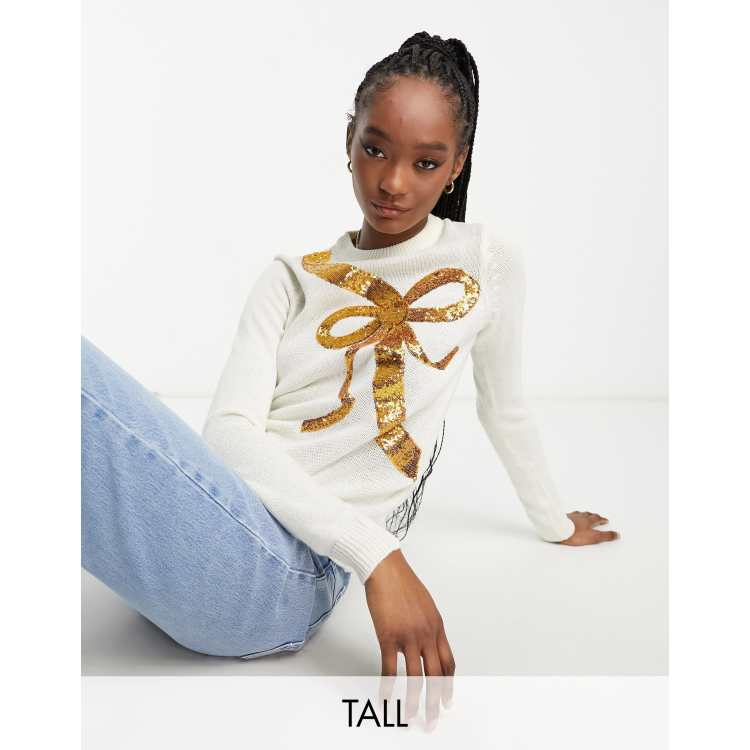 Brave Soul Tall christmas jumper with gold sequin bow in cream ASOS