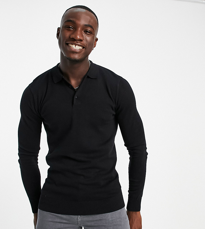 Brave Soul Tall cotton long sleeve knit polo in black
