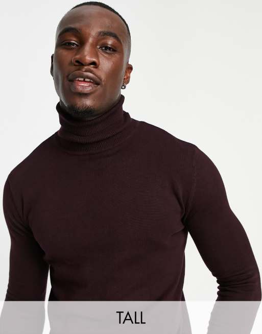 Brave Soul Tall cotton roll neck sweater in dark burgundy