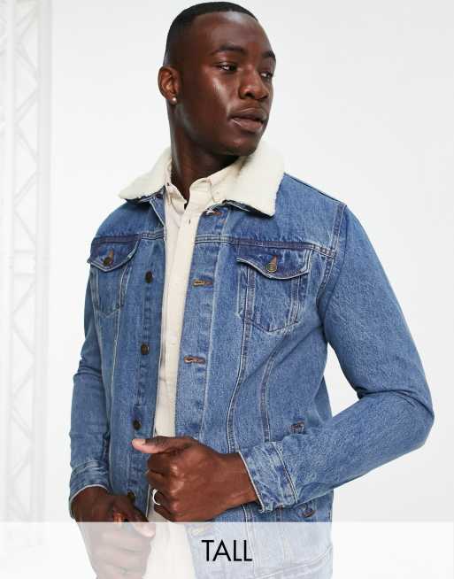 ASOS Denim Jacket With Patches & Borg Collar In Blue Wash