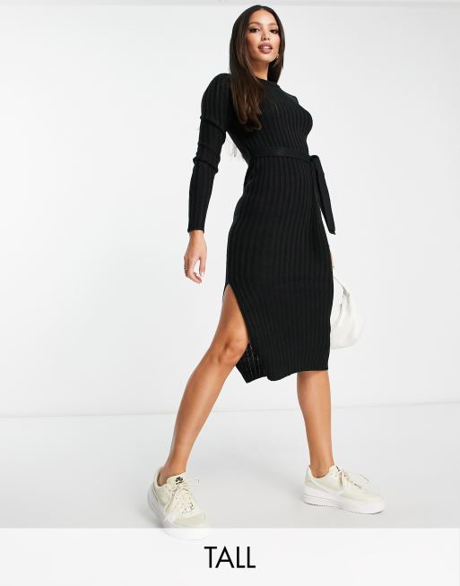 Brave Soul Tall eddie knitted dress with slit in black