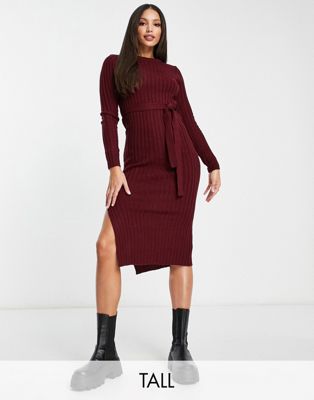 Brave Soul Tall Eddie Knitted Dress With Slit In Burgundy-red