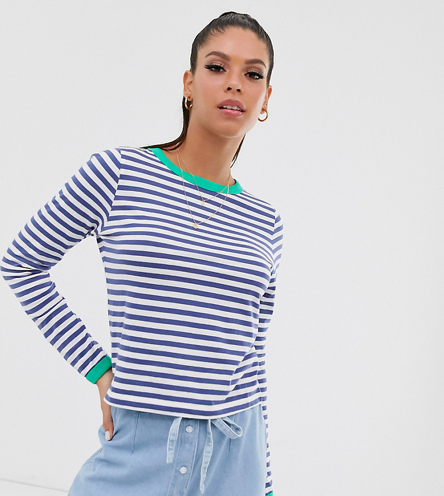 Brave Soul Tall eloise stripe long sleeve t shirt with contrast trim-Navy
