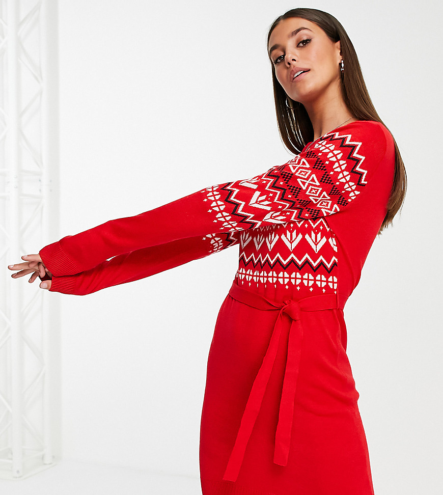Brave Soul Tall Fairisle Christmas sweater dress with tie-Red