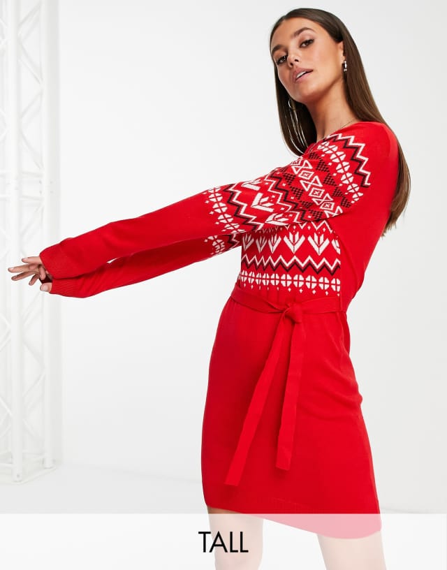 Brave Soul Tall Fairisle Christmas sweater dress with tie