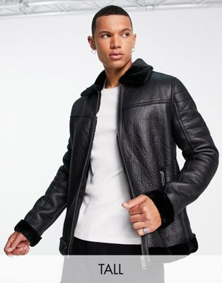 Brave Soul Tall faux leather jacket with faux fur lining in black