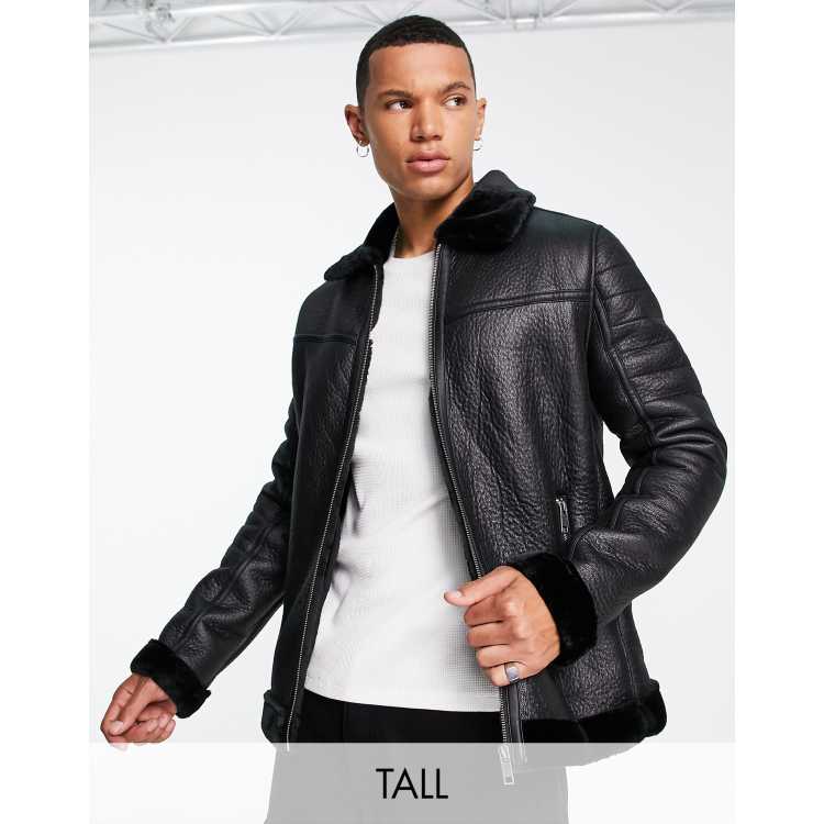 Brave Soul Tall faux leather jacket with faux fur lining in black