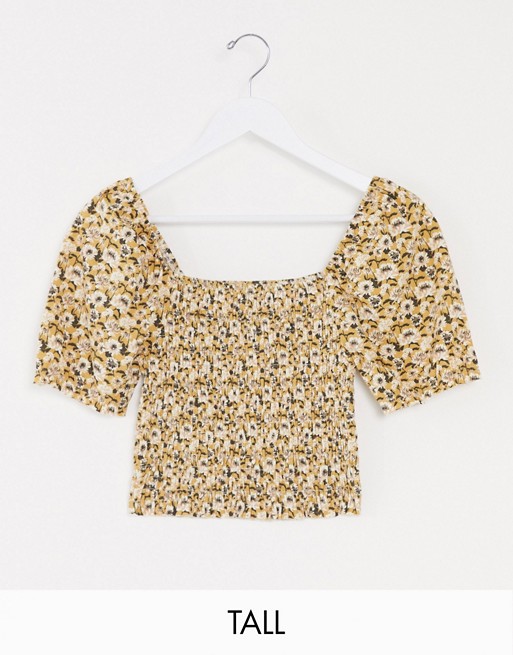 Brave Soul Tall floral printed puff sleeve top in yellow