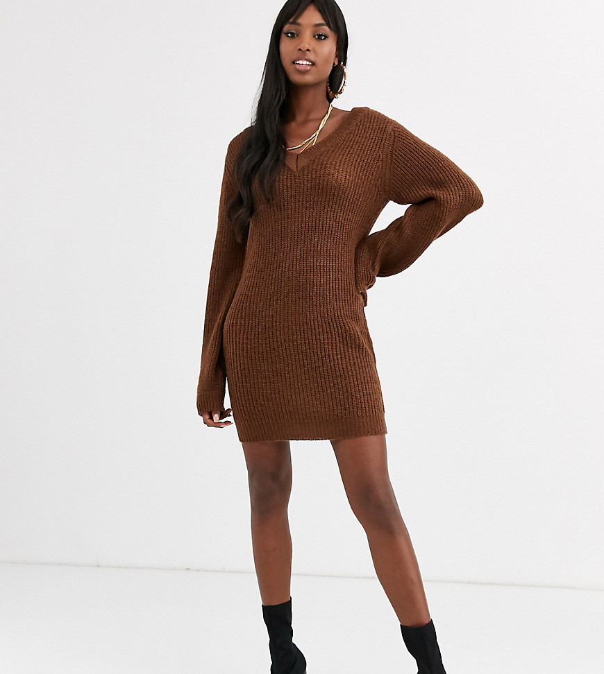 Brave Soul Tall harrison v neck sweater dress-Brown