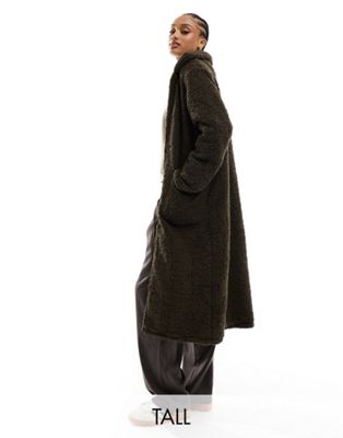 BRAVE SOUL TALL TALL HEAVENLY LONGLINE BORG TEDDY JACKET IN CHOCOLATE BROWN