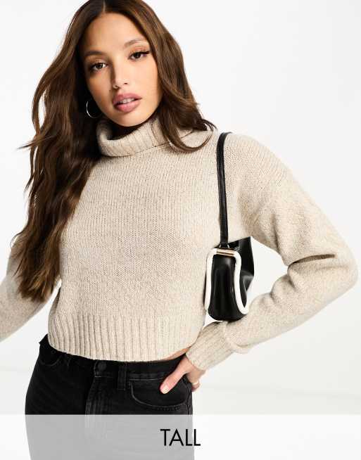 Brave Soul Tall – Hochgeschlossener, kurzer Pullover in Biskuit-Beige