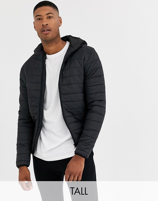 Brave Soul Tall hooded puffer jacket in black