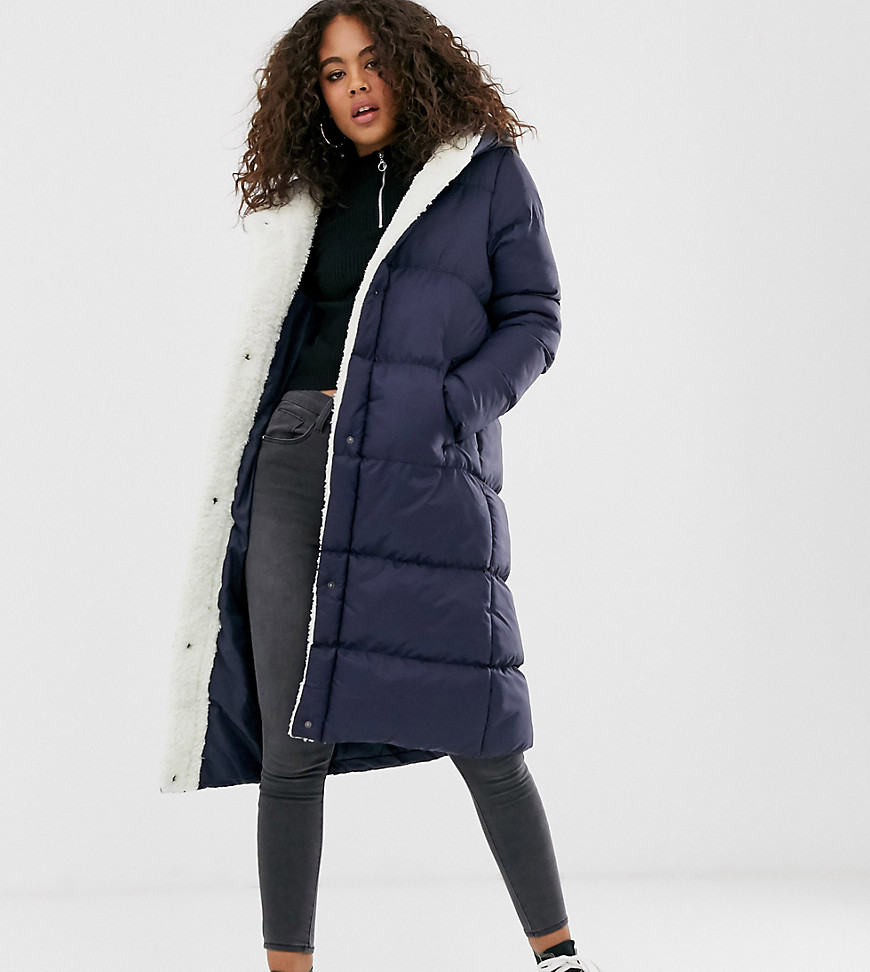 Brave Soul Tall hoplong padded coat with borg lining in navy