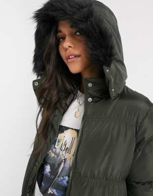 brave soul hopma longline puffer jacket with faux fur trim hood