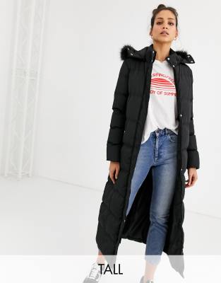 black faux fur trim longline puffer jacket