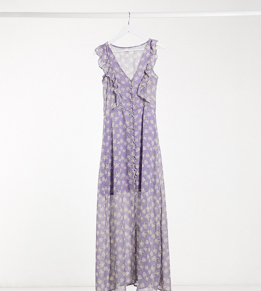 Brave Soul Tall Indigo Frill Front Maxi Dress In Lilac Ditsy Floral Print-purple