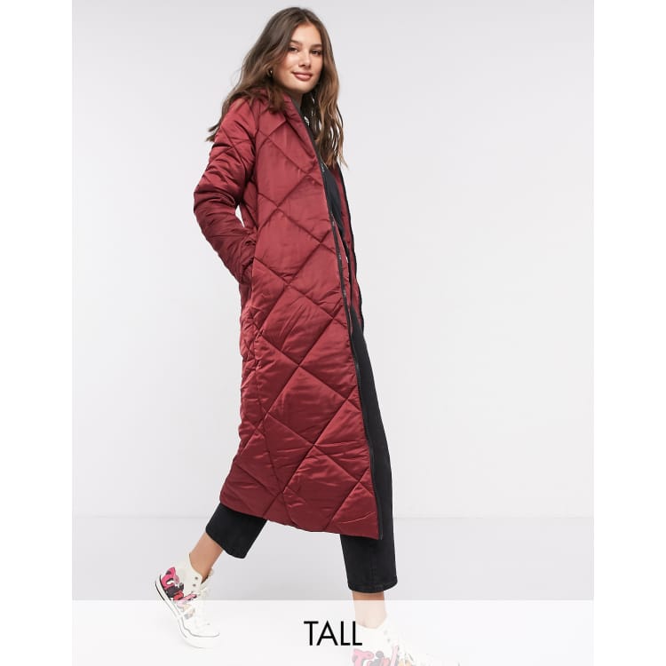 Brave Soul Tall jaz satin longline puffer jacket in dark red