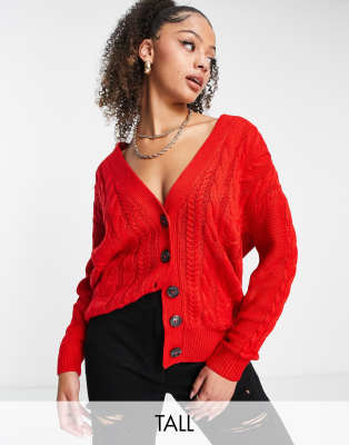 Brave Soul Tall - Jenner - Longline-Strickjacke in Rot mit Zopfstrickmuster