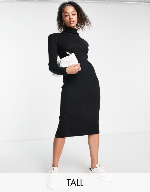 Pull&Bear funnel neck long sleeve jersey midi dress in black